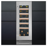 Caple WI3150 30cm Wine Cooler showcasing bottles on wooden shelves through its glass door