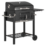 Outsunny Charcoal Grill BBQ Trolley with Wheels, Shelf Side and Thermometer in Black