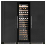 Caple WC1796 Wine Cabinet with black glass door, stocked with wine bottles on multiple shelves