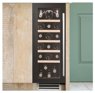 Caple WI3126 Wine Cooler loaded with bottles integrated into a wooden kitchen unit