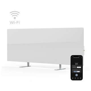 Aeno Premium 700W Smart Heater in White on display with a smartphone showcasing its smart functional