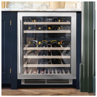 Caple WI6135 60cm Wine Fridge displaying various wine bottles through its glass door in a modern blu
