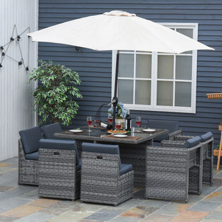 Outsunny 9 Piece Rattan Dining Table Chair Set 8-seater Cube Sofa & Umbrella Table in Grey