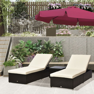  Outsunny 3 Piece Rattan Lounger Set in Deep Coffee & Cream White 