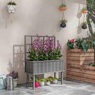 Outsunny Wooded Raised Planter with Trellis Drain Holes in Grey