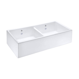 Shaws SHAKERDOU800 Shaker 800 Double Bowl Ceramic Belfast Kitchen Sink - White Product Image