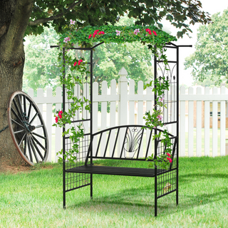 Outsunny Steel Frame Outdoor Garden Arch with 2 Seater Bench Flower Climber in Black