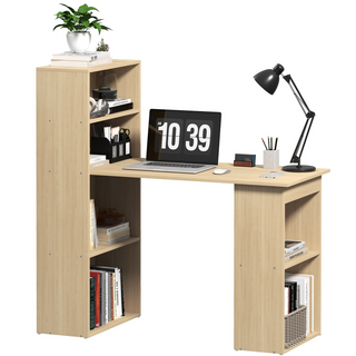 HOMCOM 120cm Computer Desk with 6-Tier Bookshelf – White Writing Table & Workstation with Storage Shelves