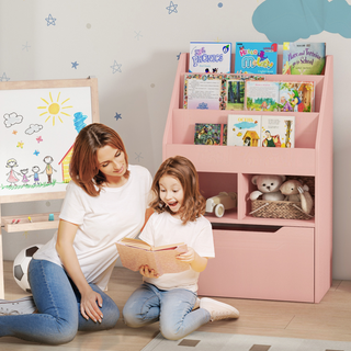 HOMCOM Kids Bookcase, Toy Box with Storage Drawer & Wheels in Pink