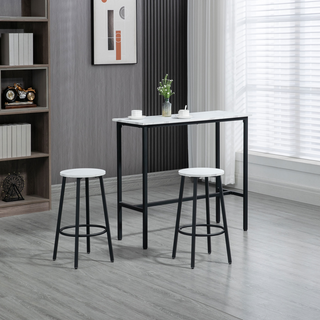 HOMCOM 3-Piece Bar Table and Stool Set for 2 with Steel Frame and Footrests – White & Black