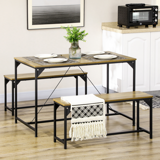 HOMCOM 3-Piece Dining Table and Bench Set for 4 – Industrial Style, Natural & Black