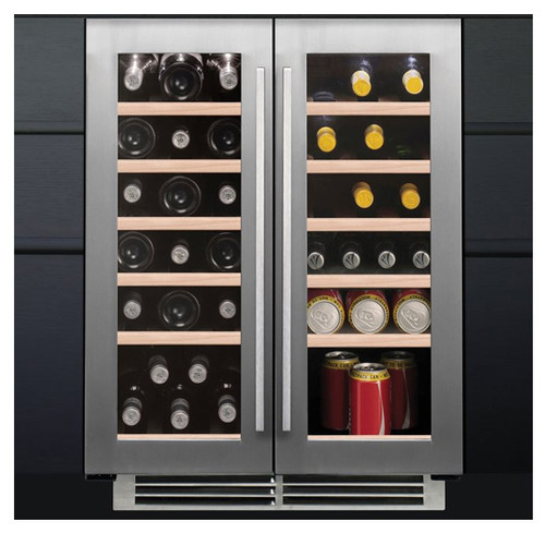 Caple WI6234 60cm Wine Cooler filled with wine bottles and cans showing it's two door design with du