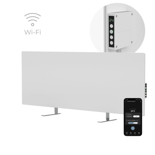 Aeno Premium 700W smart heater in white showcasing smartphone controls and temperature on LED displa