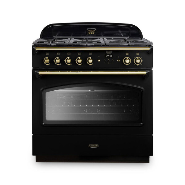 Rangemaster CLAS90FXDFFBL/B Classic FX 90 Dual Fuel Range Cooker - Black & Brass Product Image