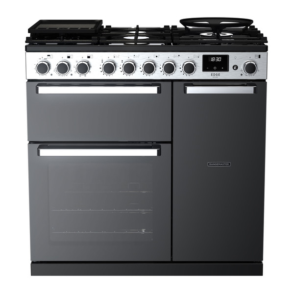 Rangemaster EDDL90DFGBLK/CM1 Edge Deluxe 90 Dual Fuel Range Cooker - Black Glass Product Image
