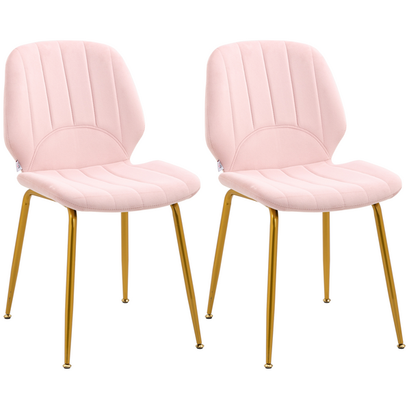 HOMCOM Set of 2 Modern Velvet-Feel Dining Chairs with Padded Seat and Steel Legs – Pink