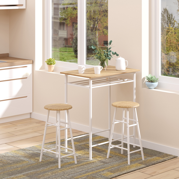 HOMCOM 3 Piece Bar Height Dining Set with Table and 2 Stools – White & Oak