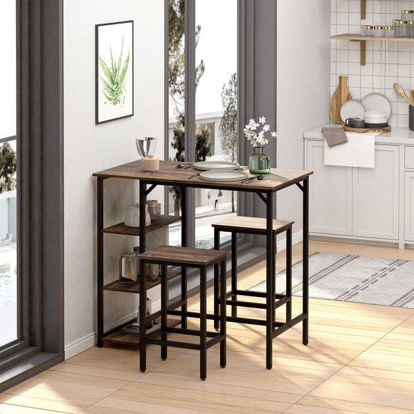 HOMCOM 3 Piece Industrial Bar-Height Dining Set with Table, 2 Stools & Side Shelves