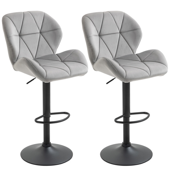 HOMCOM Set of 2 Adjustable Fabric Bar Stools with Diamond Stitching – Light Grey