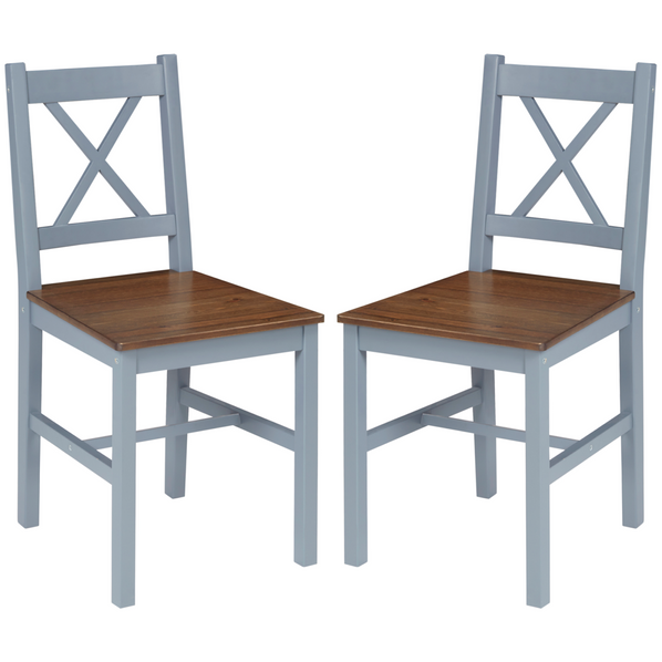 HOMCOM Set of 2 Farmhouse Dining Chairs with Pine Wood Frame and Cross Back – Grey