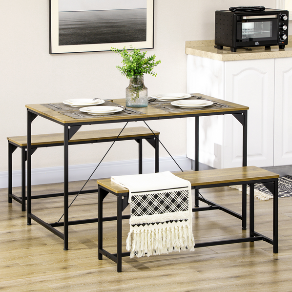 HOMCOM 3-Piece Dining Table and Bench Set for 4 – Industrial Style, Natural & Black