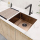 Caple Mode 45cm kitchen sink in copper with matte black tap and wooden roll-up drying rack