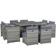 Outsunny 9 Piece Rattan Dining Table Chair Set 8-seater Cube Sofa & Umbrella Table in Grey