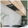 Caple BU525BK 52cm Cooker Hood in a modern kitchen with marble backsplash and wooden cabinets