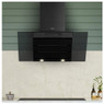 Modern black wall-mounted Caple 90cm angled hood with built-in lighting over a hob