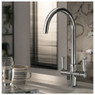 Abode Globe Aquifier Water Filter Tap in chrome installed in an artistic grey kitchen with cups