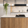 Caple TEL900/SHELF Cooker Hood in a modern kitchen with wooden cabinets and marble countertop.