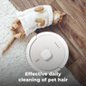 Aeno RC4S Robot Vacuum working efficiently beside a lounging cat demonstrating effective pet hair cl