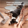 Child and dog near Aeno SM2 Steam Mop being used for chemical-free cleaning on a wooden floor.
