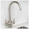 Modern Abode Pronteau Propure 4 in 1 kitchen tap installed on white countertop and marble splashback