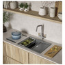 Pronteau by Abode PT1302 Scandi-X kitchen tap on counter with blue pot and wooden chopping board nearby