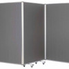 Tri Screen Mobile Partition and Display System with Locking Casters - grey - white background.