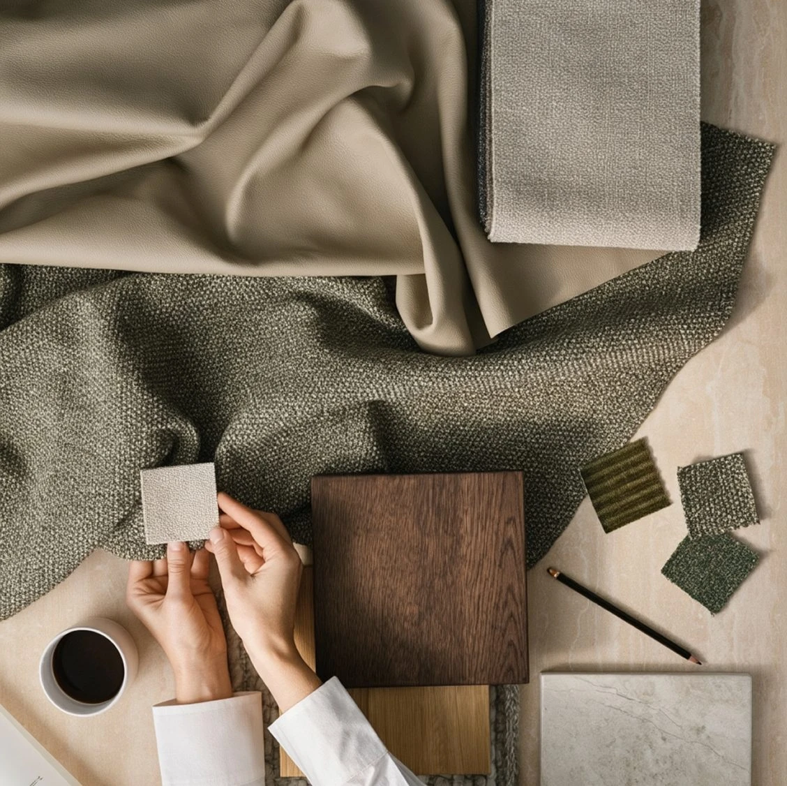 Hands choosing fabric swatches and wood samples for an office screen, with a cup of coffee