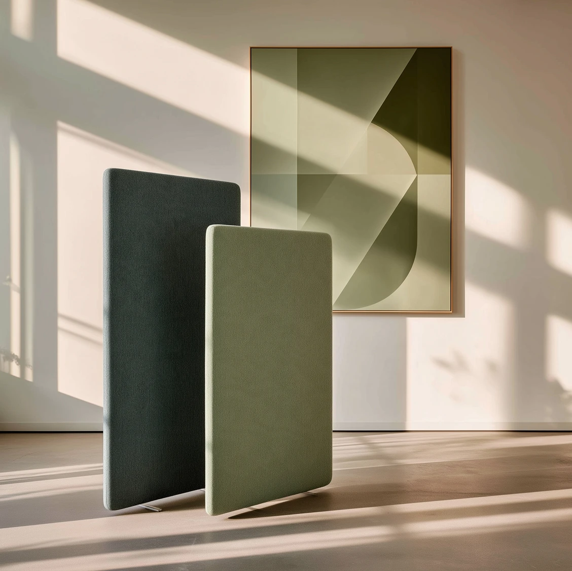 Two Panelscreens freestanding acoustic screens in dark and sage green Melton fabric, in a sunlit room