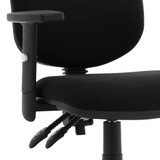 Office chair: Black task operator chair with height adjustable arms for the office, with dished seat, contoured back, waterfall front and gas lift lever for height adjustment. Eclipse Plus II task & operator chair, with arms, adjustable for height and back angle - adjustable arm in front view. Office chair: Black task operator chair with height adjustable arms for the office, with dished seat, contoured back, waterfall front and gas lift lever for height adjustment. Eclipse Plus II task & operator chair, with arms, adjustable for height and back angle - adjustable arm in front view.