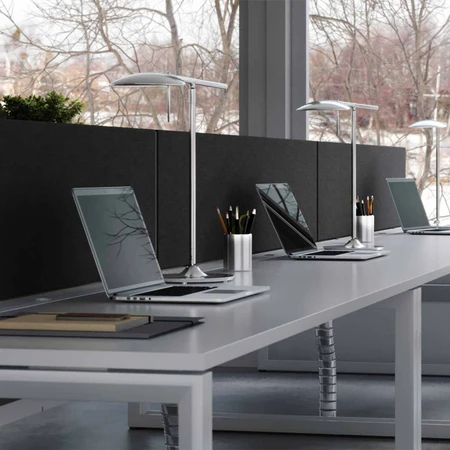 Fabric Desk Screens UK Fast Delivery are upholstered in Black Camira Cara acoustic fabric Desk Separator Screens table divider logo