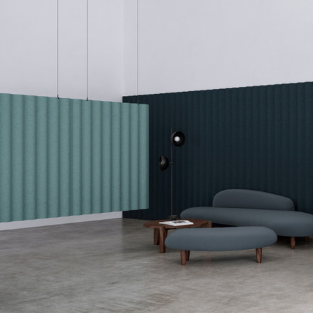 Abstracta Scala Hanging Sound Absorbing Dividers have the design of corrugated iron used for facades of the houses in Iceland - green.