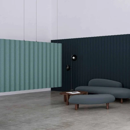 Abstracta Scala Hanging Sound Absorbing Dividers have the design of corrugated iron used for facades of the houses in Iceland - cream and black. logo