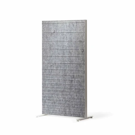 The Alumi acoustic screen adds a playful touch to space partitioning - horizontal lines light grey panel - front view - on white background. logo