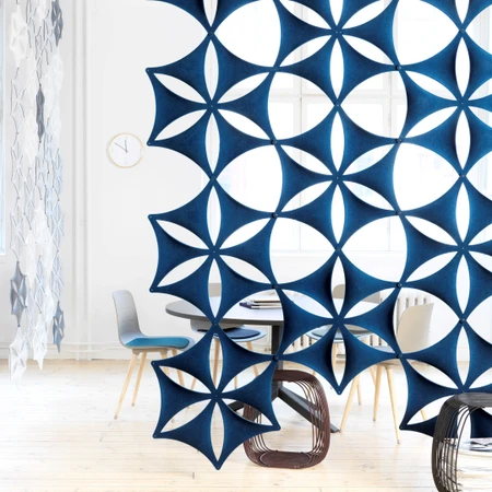 The Abstracta Airflake acoustic screen introduces functionality in style - blue open blade panels - white background logo