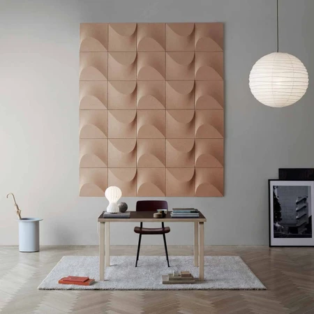 The sustainable Abstracta Sahara introduces kinetic art as the acoustic shield which favours any lively interior - light brown panel -  front view - white background logo