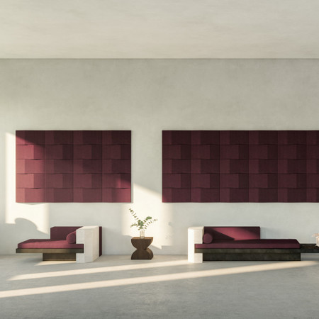 Abstracta Triline Wall Panels have a cubic shape and are oriented horizonatally or vertically in symmetrical or asymmetrical patterns - dark red - front view - in office.