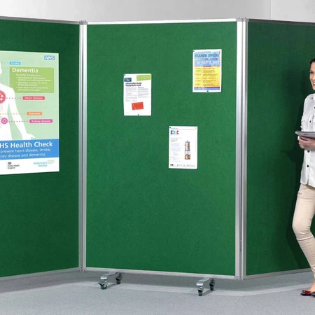 Tri Screen Mobile Partition and Display System with Locking Casters - green - in office. logo