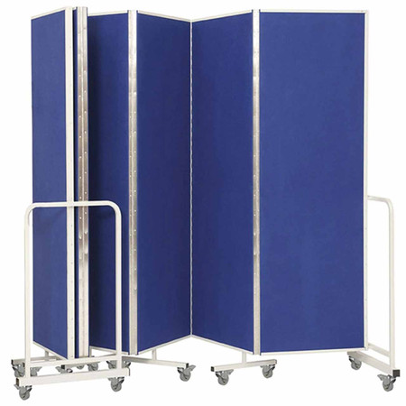 Sound Absorbing Mobile Insta Wall Panel System with Lockable Castors - blue - unfolded - white background.  logo