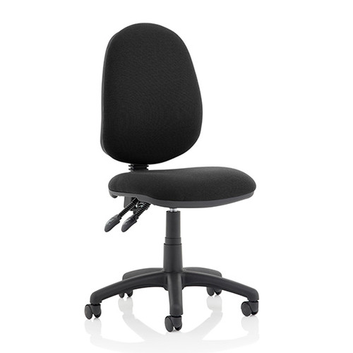 Office chair: Black task operator chair without arms for the office, with dished seat, contoured back, waterfall front and gas lift lever for height adjustment. Eclipse Plus II tasks operator chair in black, without arms, adjustable for height and back angle. Office chair: Black task operator chair without arms for the office, with dished seat, contoured back, waterfall front and gas lift lever for height adjustment. Eclipse Plus II tasks operator chair in black, without arms, adjustable for height and back angle.