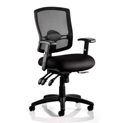 Office chair: Black task operator chair with mesh back, lumbar cushion support and height adjustable arms for the office, with seat slide finished in a breathable dual layered air mesh, ratchet backrest adjustment, waterfall front and gas lift lever for height adjustment. Portland 3 black task & operator chair, with mesh back and adjustable arms, Front. Office chair: Black task operator chair with mesh back, lumbar cushion support and height adjustable arms for the office, with seat slide finished in a breathable dual layered air mesh, ratchet backrest adjustment, waterfall front and gas lift lever for height adjustment. Portland 3 black task & operator chair, with mesh back and adjustable arms, Front.